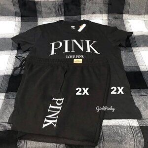 victoria secret PINK shorts outfit WITH BLACK CAMPUS LOGO TEE SIZE 2XL (XXL)